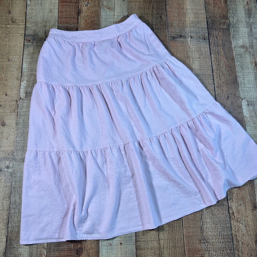 Matty M Linen Blend Tiered Midi Skirt Medium Pale Pink Pockets Elastic Waist